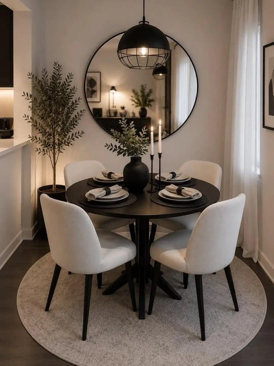 8 Dining Tables for Dark Wood Floors That Work 3 Round black dining table with white upholstered chairs on a grey circular rug.