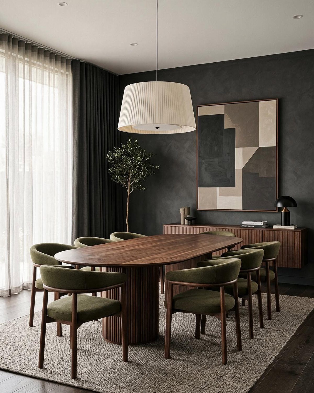 8 Dining Tables for Dark Wood Floors That Work 1 Oval dark wood dining table with green chairs on a rug and dark floors