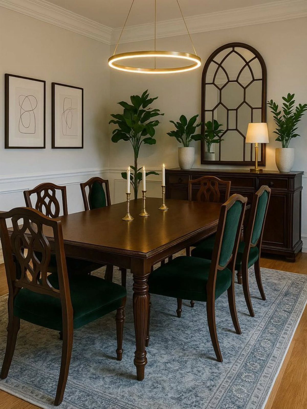8 Dining Tables for Dark Wood Floors That Work 8 Dark wood dining table and matching sideboard cabinet in a bright dining room