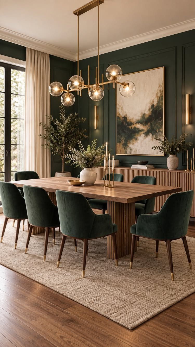 8 Dining Tables for Dark Wood Floors That Work 7 Natural wood dining table with green velvet chairs on a beige rug and dark floors