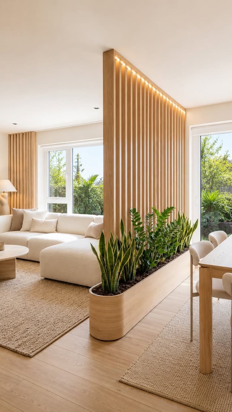 10 Dining Table in Living Room Ideas for Small Spaces 4 Wooden slatted partition wall with integrated planter separating a living room and dining area.