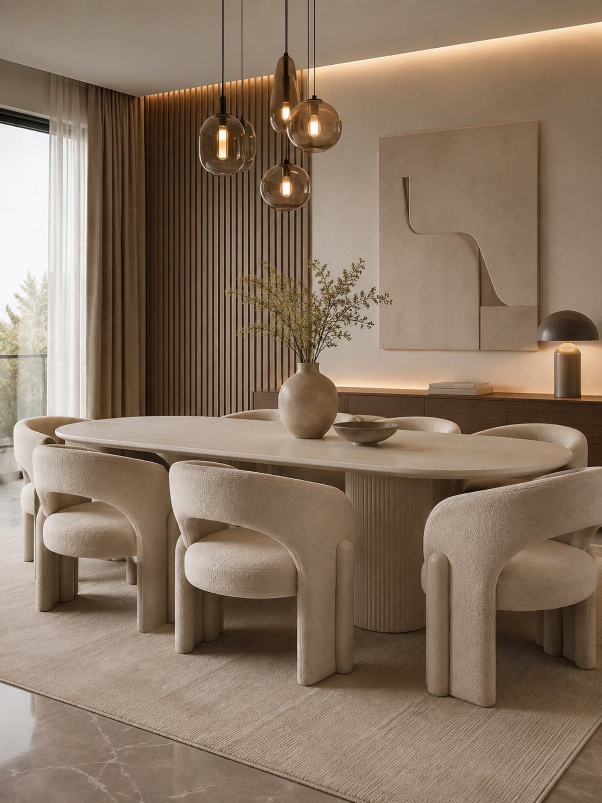 10 Dining Table in Living Room Ideas for Small Spaces 10 Oval beige dining table and curved chairs in a modern, neutral-toned living room.
