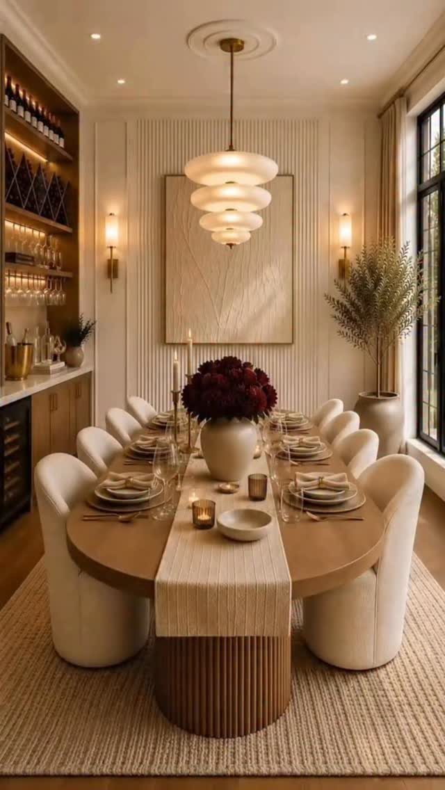 10 Dining Table in Living Room Ideas for Small Spaces 2 Oval wooden dining table with white chairs under a tiered pendant light and wall sconces.