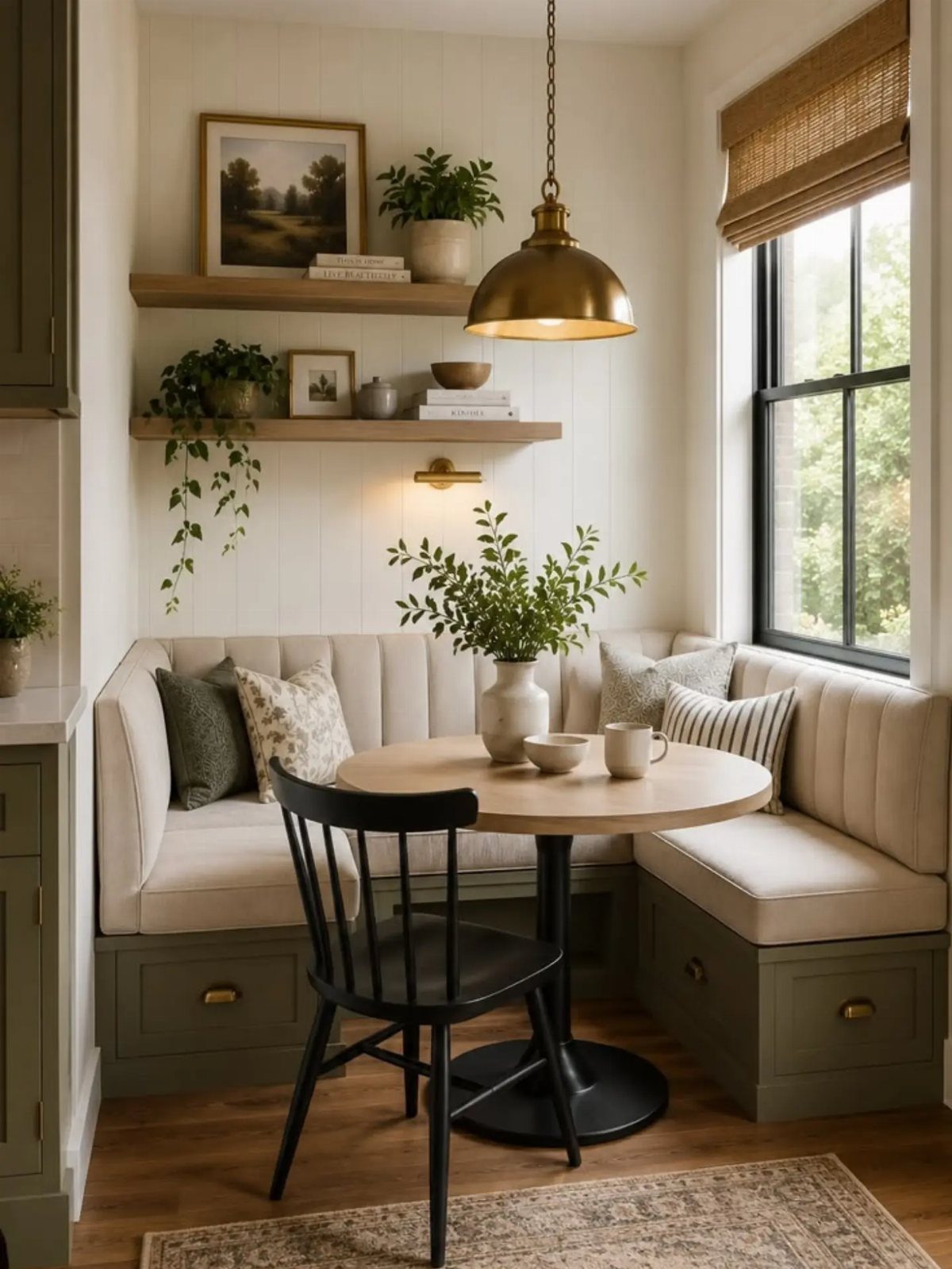 5 Dining Table Mixed Chairs Ideas That Work 4 Round wooden dining table with a built-in L-shaped cushioned bench and black chair.