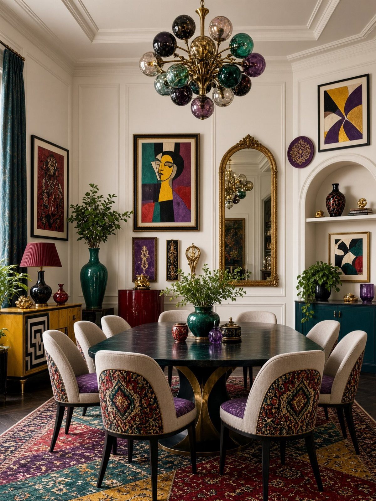 5 Dining Table Mixed Chairs Ideas That Work 2 Eclectic dining room with mixed patterned chairs, dark oval table, and colorful art.