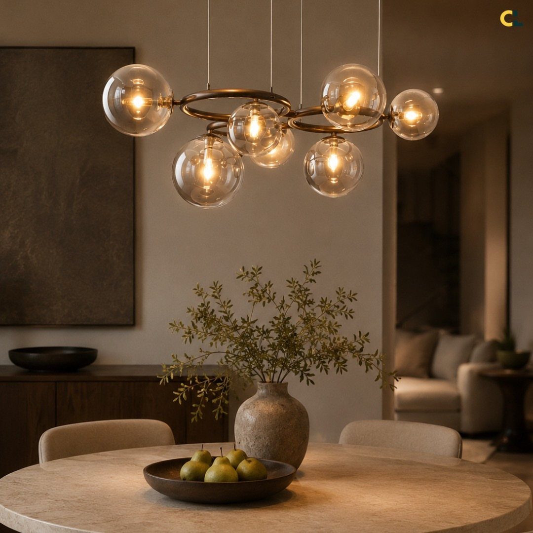 Modern glass globe chandelier hanging over a round dining table with greenery and pears.