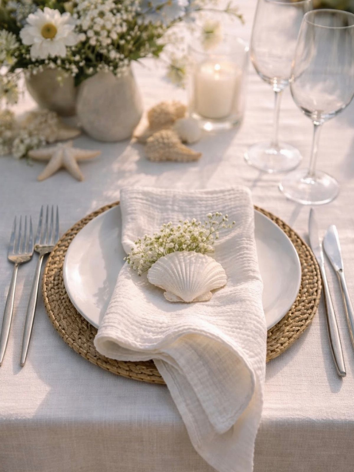 Dining table setting with white linens, woven charger, seashells, and white floral arrangements.