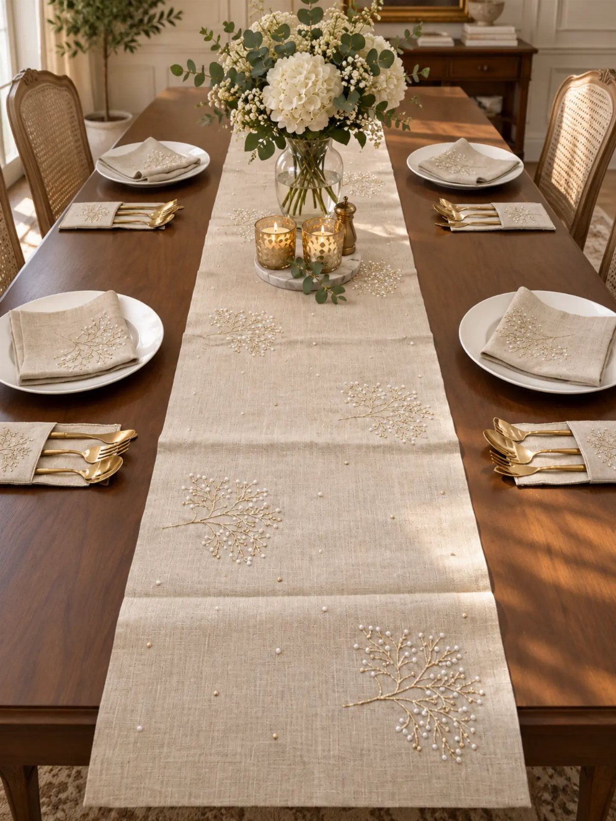 Wooden dining table with beige embroidered runner, white flowers, and gold cutlery settings.
