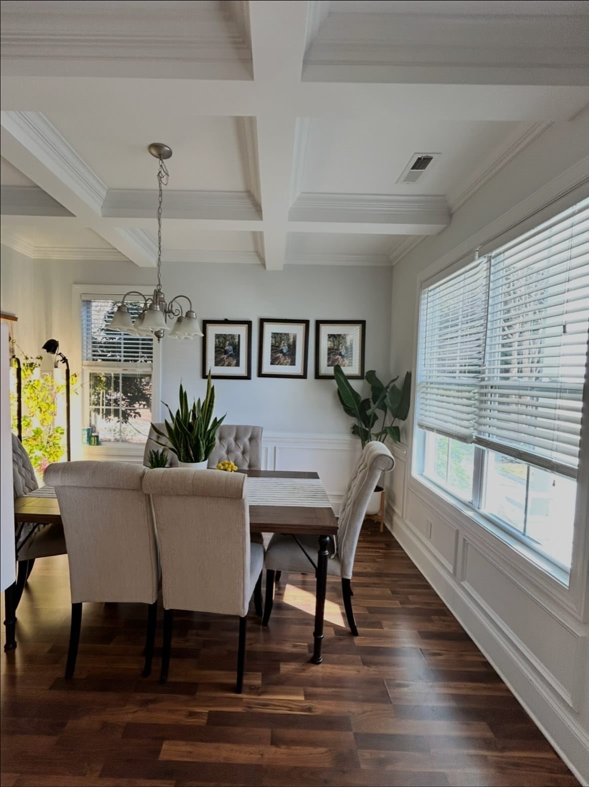 4 Evergreen Fog Dining Room Ideas with Photos 3 Dining room with grey-green walls, wooden table, beige chairs, and coffered ceiling.