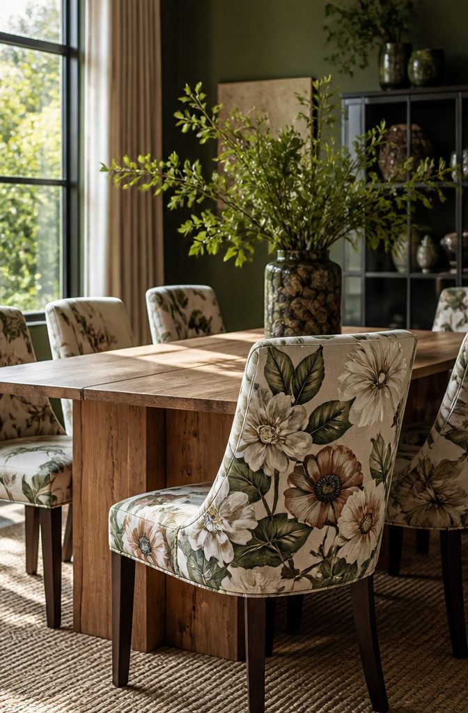 10 Fabric Ideas for Dining Room Chairs That Last 7 Dining chairs with botanical prints positioned around a dining table.