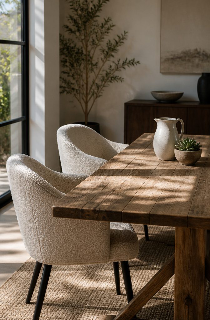 10 Fabric Ideas for Dining Room Chairs That Last 9 Dining chairs upholstered in bouclé fabric around a well-worn dining table.