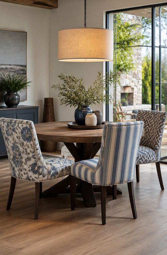 10 Fabric Ideas for Dining Room Chairs That Last 4 Three dining chairs with different patterned cotton blend fabrics around a table.
