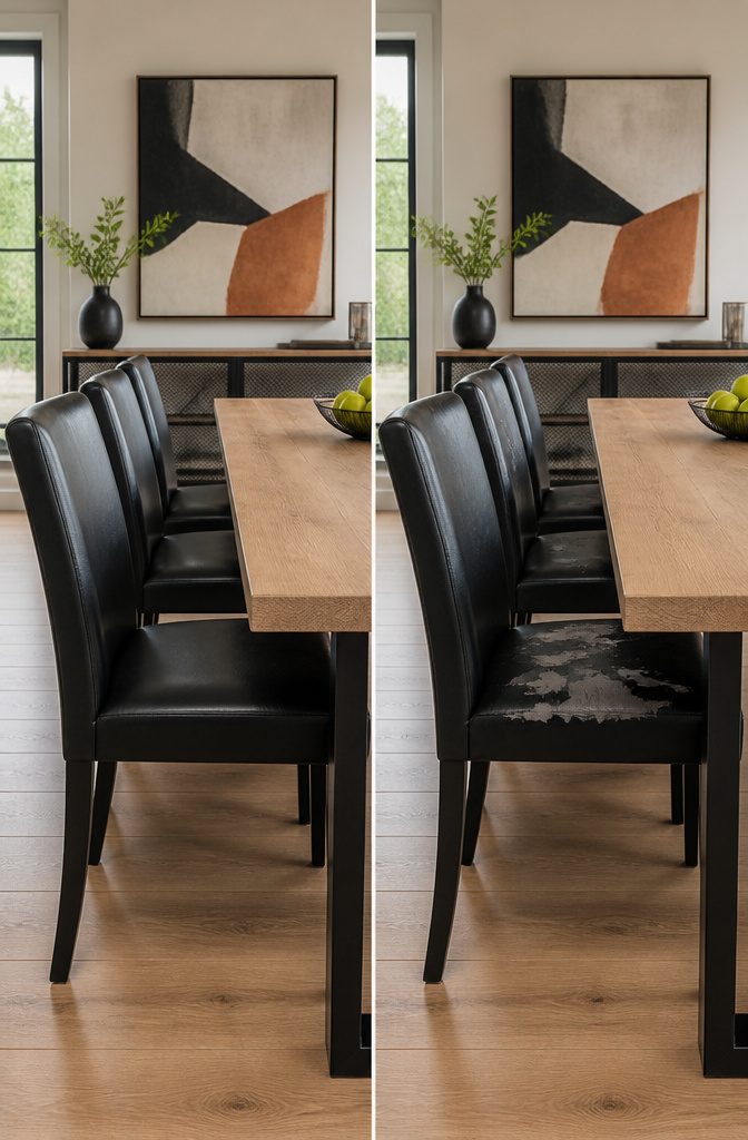10 Fabric Ideas for Dining Room Chairs That Last 3 Dining chairs upholstered in faux leather in a modern dining space.