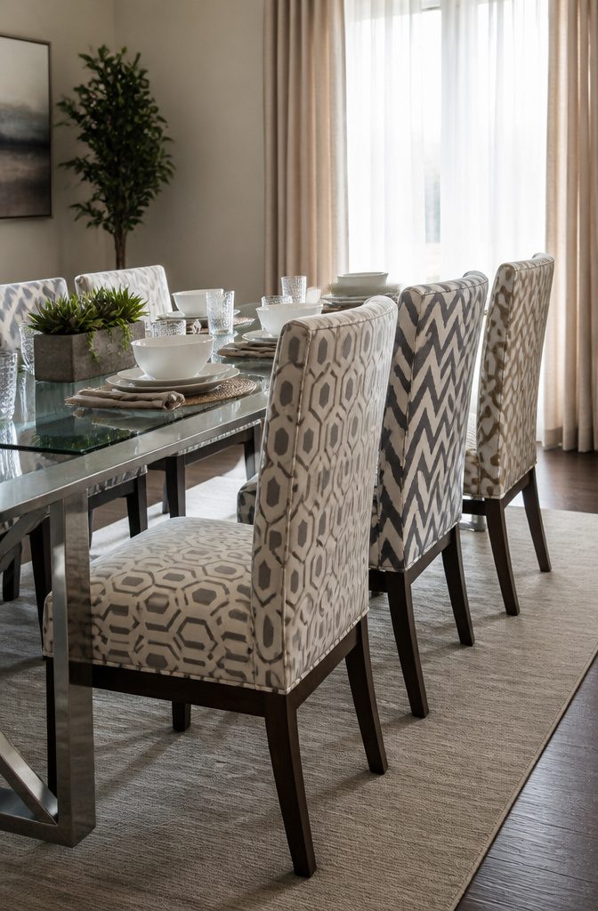 10 Fabric Ideas for Dining Room Chairs That Last 6 Dining chairs with geometric prints around a glass and metal dining table.