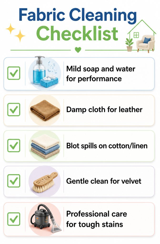 10 Fabric Ideas for Dining Room Chairs That Last 12 Checklist image detailing cleaning methods for various fabric types.