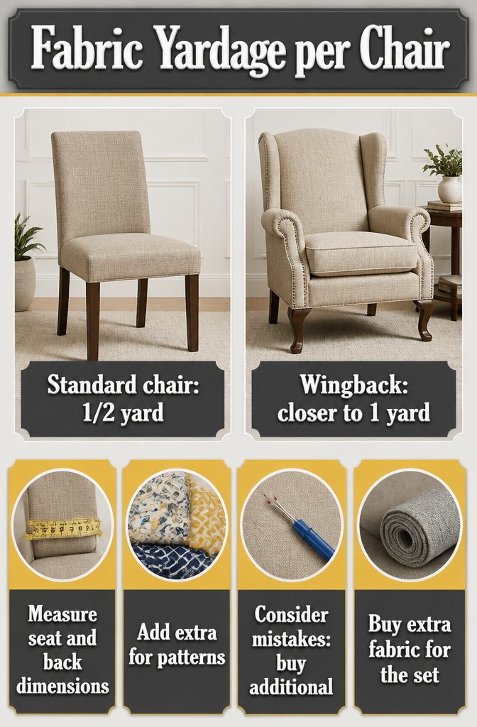 10 Fabric Ideas for Dining Room Chairs That Last 14 Information image on fabric yardage required per dining chair.