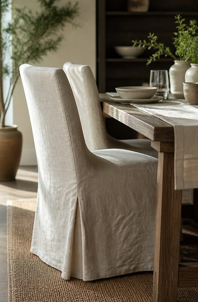 10 Fabric Ideas for Dining Room Chairs That Last 2 Dining chairs upholstered in patterned linen fabric around a dining table.