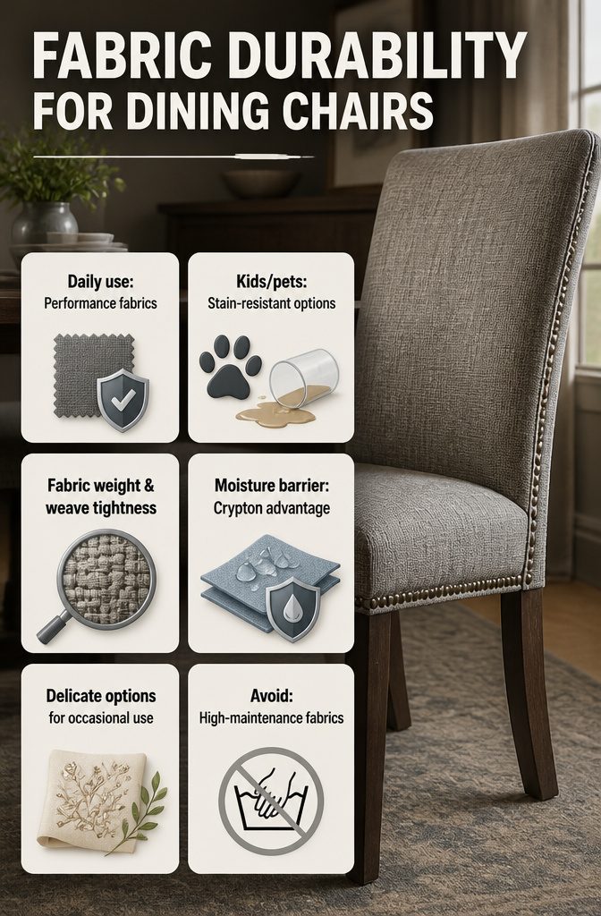 10 Fabric Ideas for Dining Room Chairs That Last 11 Information image on fabric durability for dining chairs.