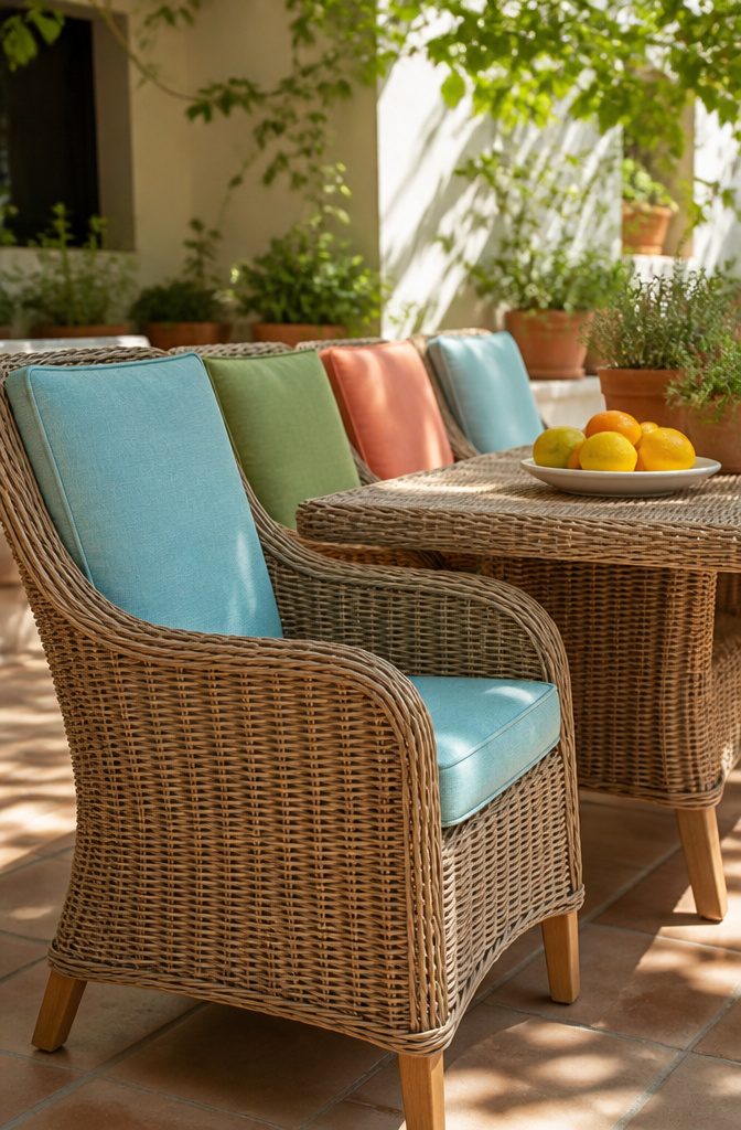 10 Fabric Ideas for Dining Room Chairs That Last 10 Dining chairs made with outdoor fabric positioned around a dining table.