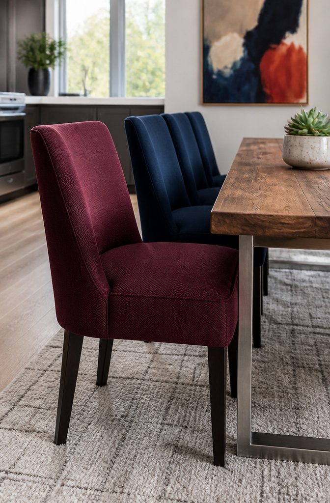 10 Fabric Ideas for Dining Room Chairs That Last 5 Dining chairs upholstered in performance fabric with a modern design.