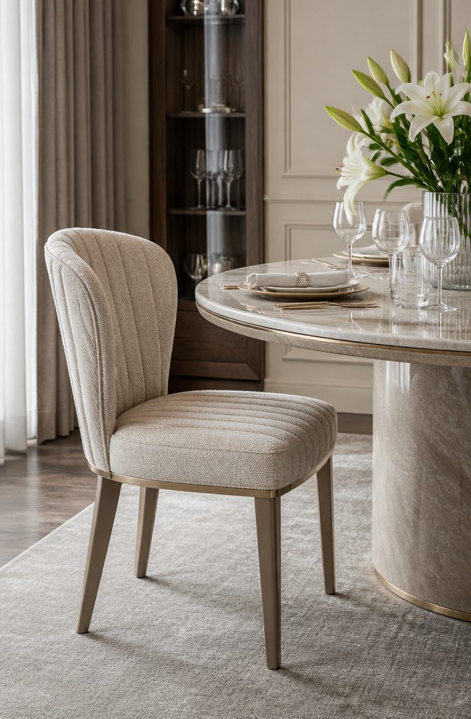 10 Fabric Ideas for Dining Room Chairs That Last 8 Elegant dining chair with quilted upholstery next to a marble table.