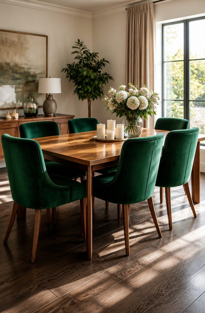 10 Fabric Ideas for Dining Room Chairs That Last 1 Dining chairs upholstered in emerald green velvet around a wooden table.