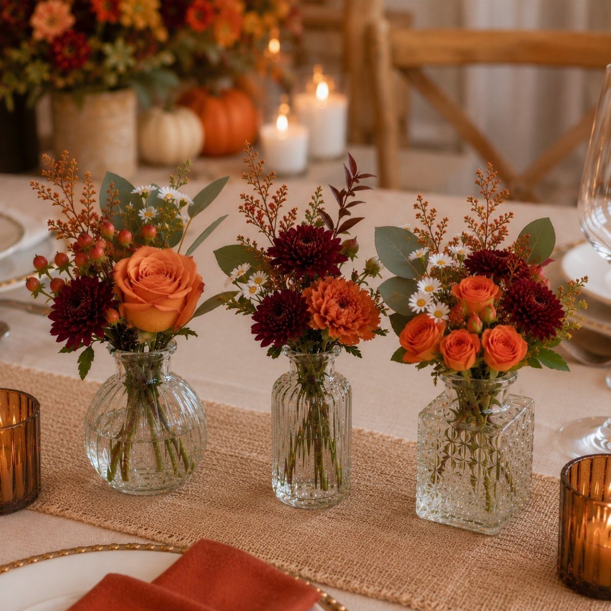 Three small glass bud vases with autumn flowers on a burlap table runner.