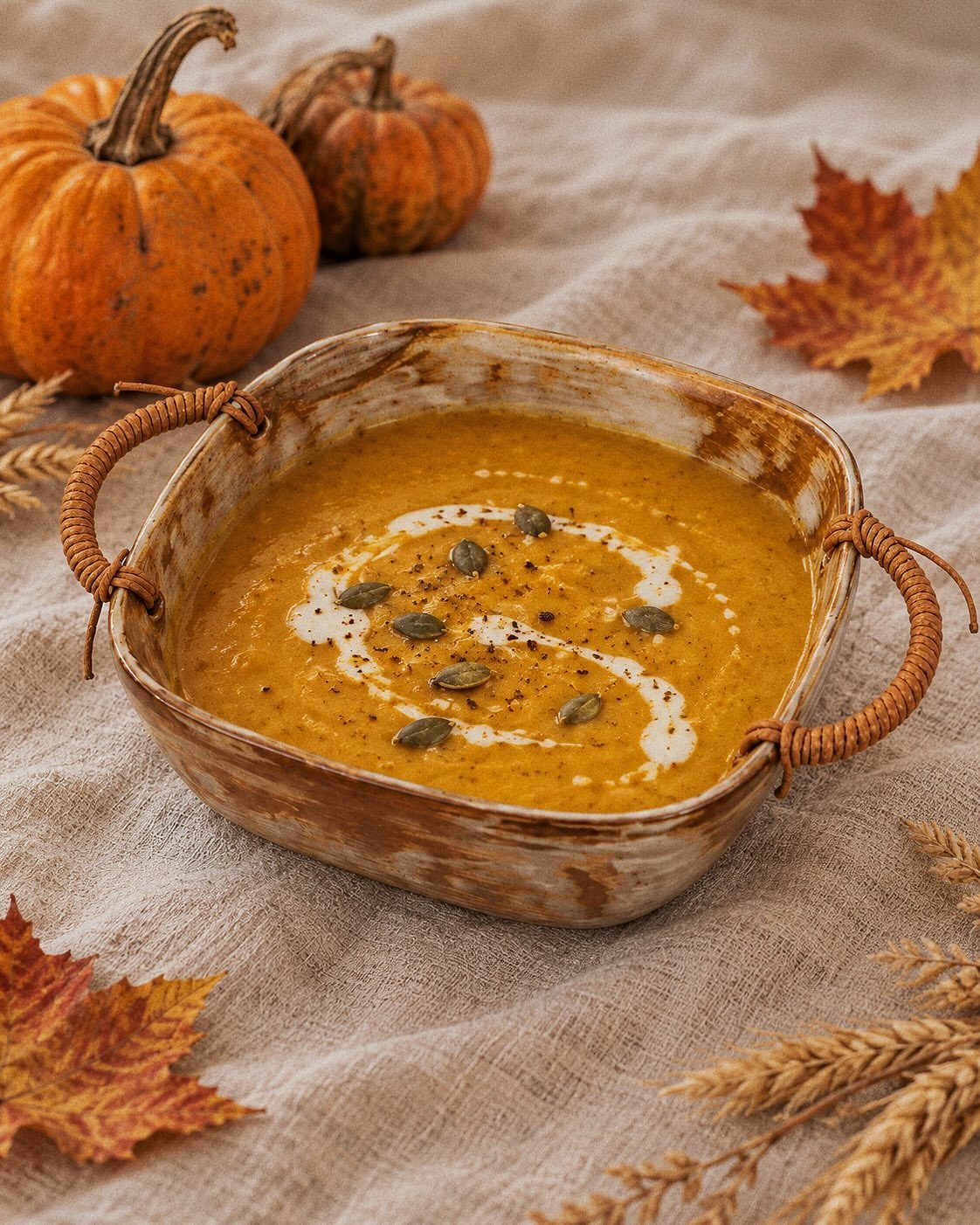 Handcrafted stoneware bowl of pumpkin soup on linen with autumn leaves and pumpkins.