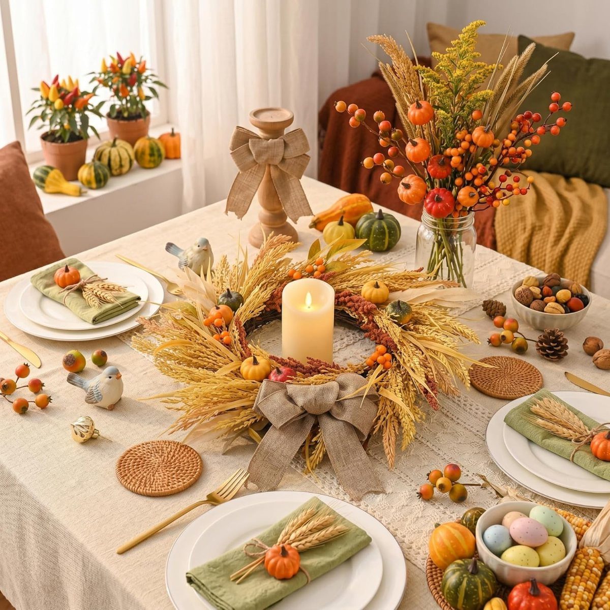 Autumn dining table featuring a wheat wreath centerpiece with a lit candle and pumpkins.