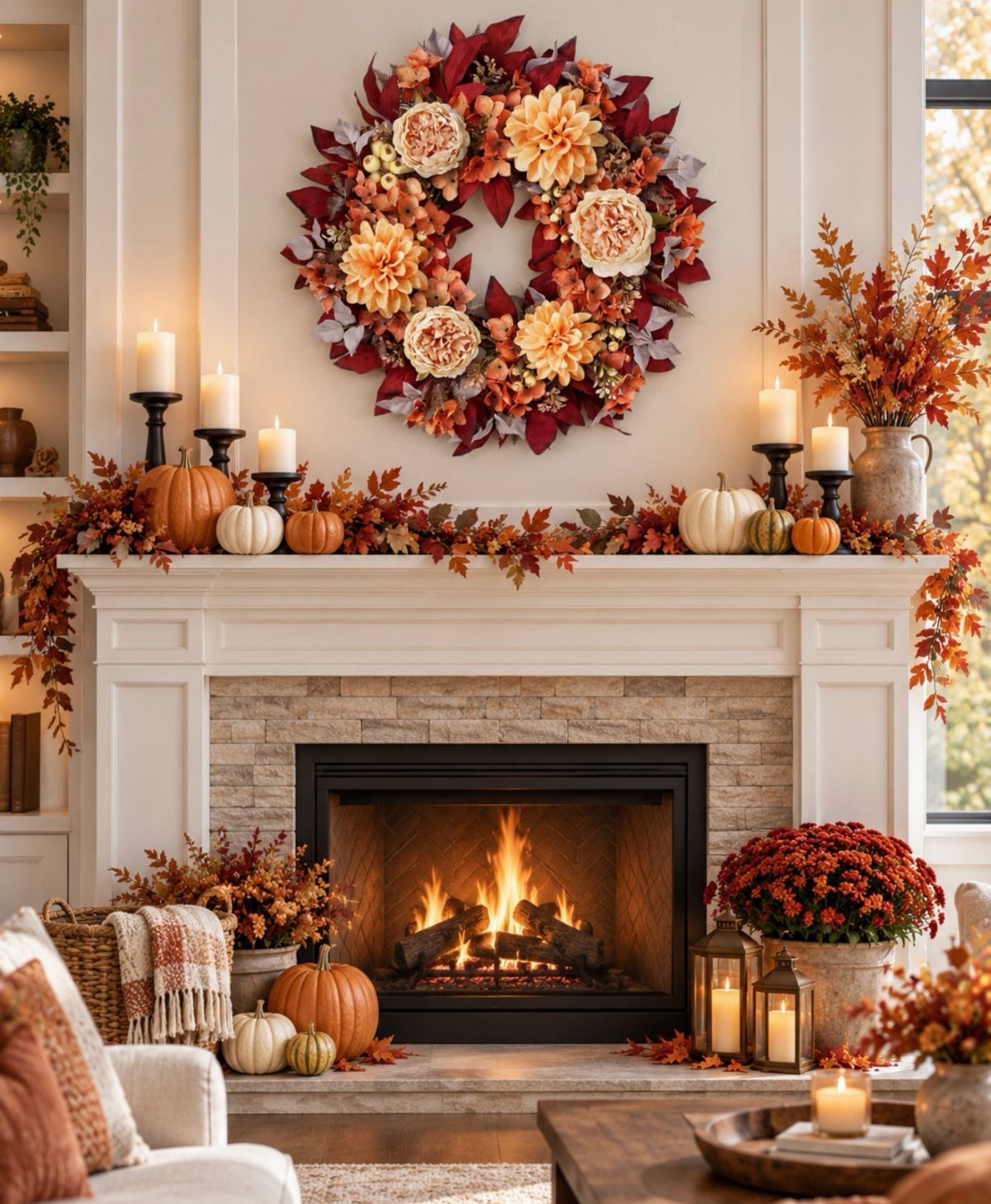 16 Fall Fireplace Mantel Decor Ideas with Photos 8 Autumn floral wreath hanging above a white fireplace mantel decorated with pumpkins and candles.