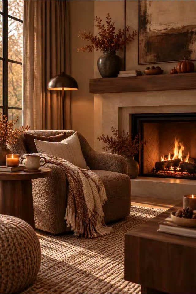 16 Fall Fireplace Mantel Decor Ideas with Photos 5 Cozy living room nook with a lit fireplace, armchair, and autumn mantel decorations.