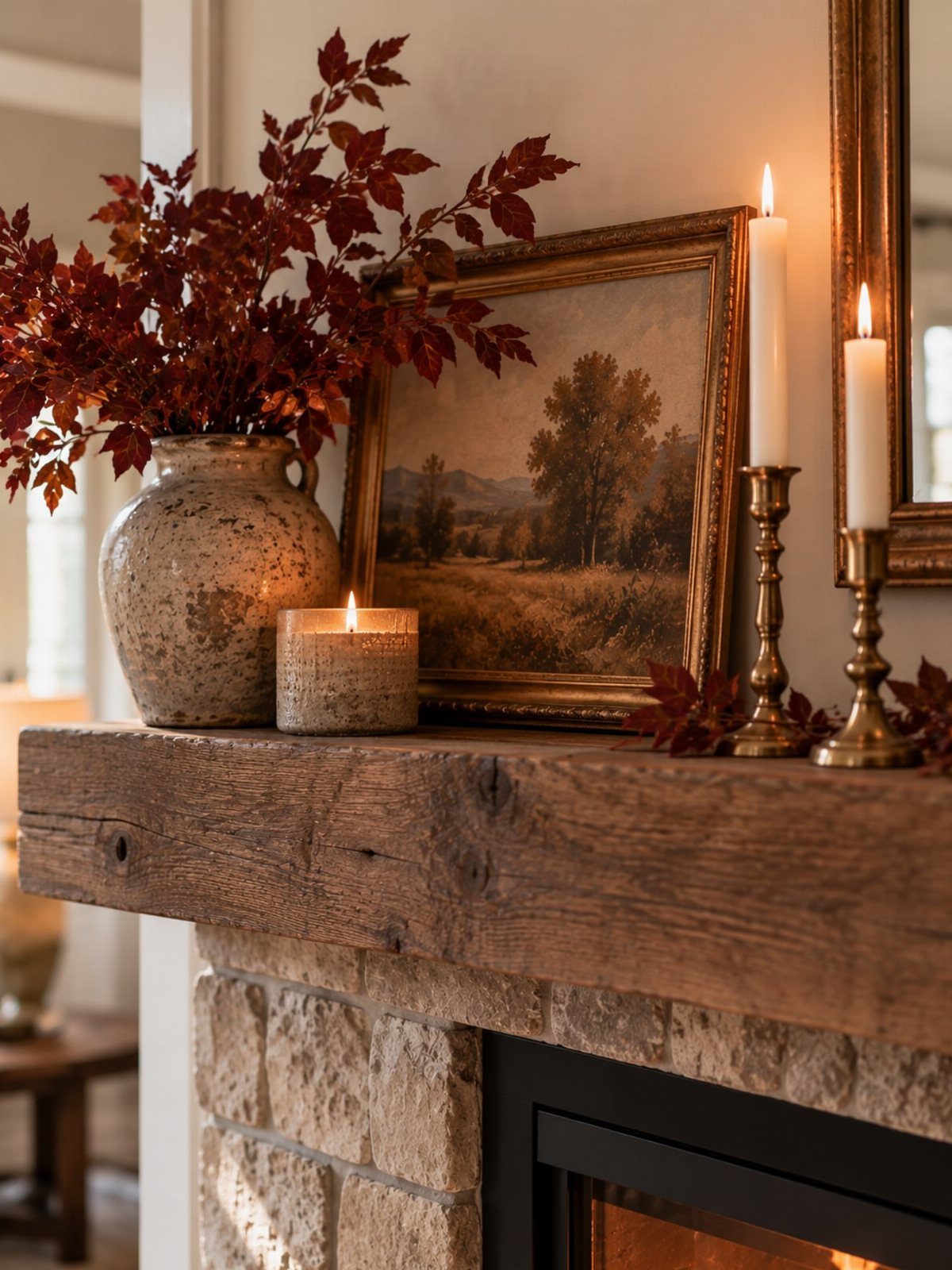 16 Fall Fireplace Mantel Decor Ideas with Photos 3 Rustic wooden mantel decorated with red autumn leaves, gold-framed art, and lit candles.