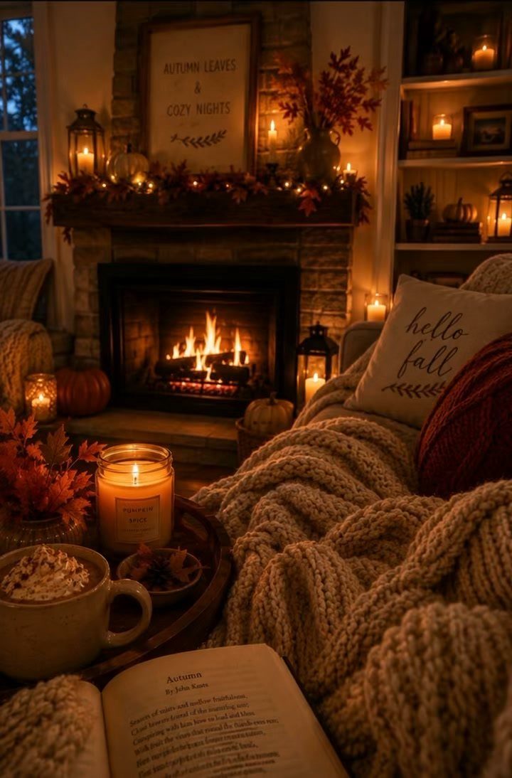 16 Fall Fireplace Mantel Decor Ideas with Photos 16 Fall fireplace mantel decorated with autumn leaves, pumpkins, and glowing candles in a cozy room.
