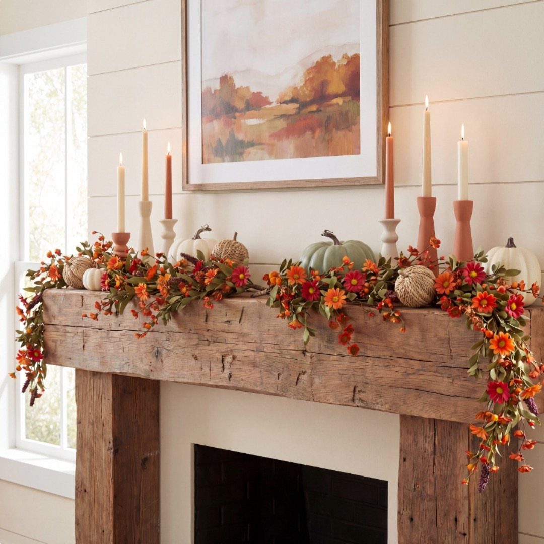 16 Fall Fireplace Mantel Decor Ideas with Photos 4 Rustic wooden mantel decorated with autumn flowers, pumpkins, and lit taper candles.