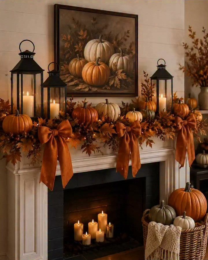 16 Fall Fireplace Mantel Decor Ideas with Photos 15 Autumn decorated fireplace mantel with pumpkins, orange bows, lanterns, and fall foliage.