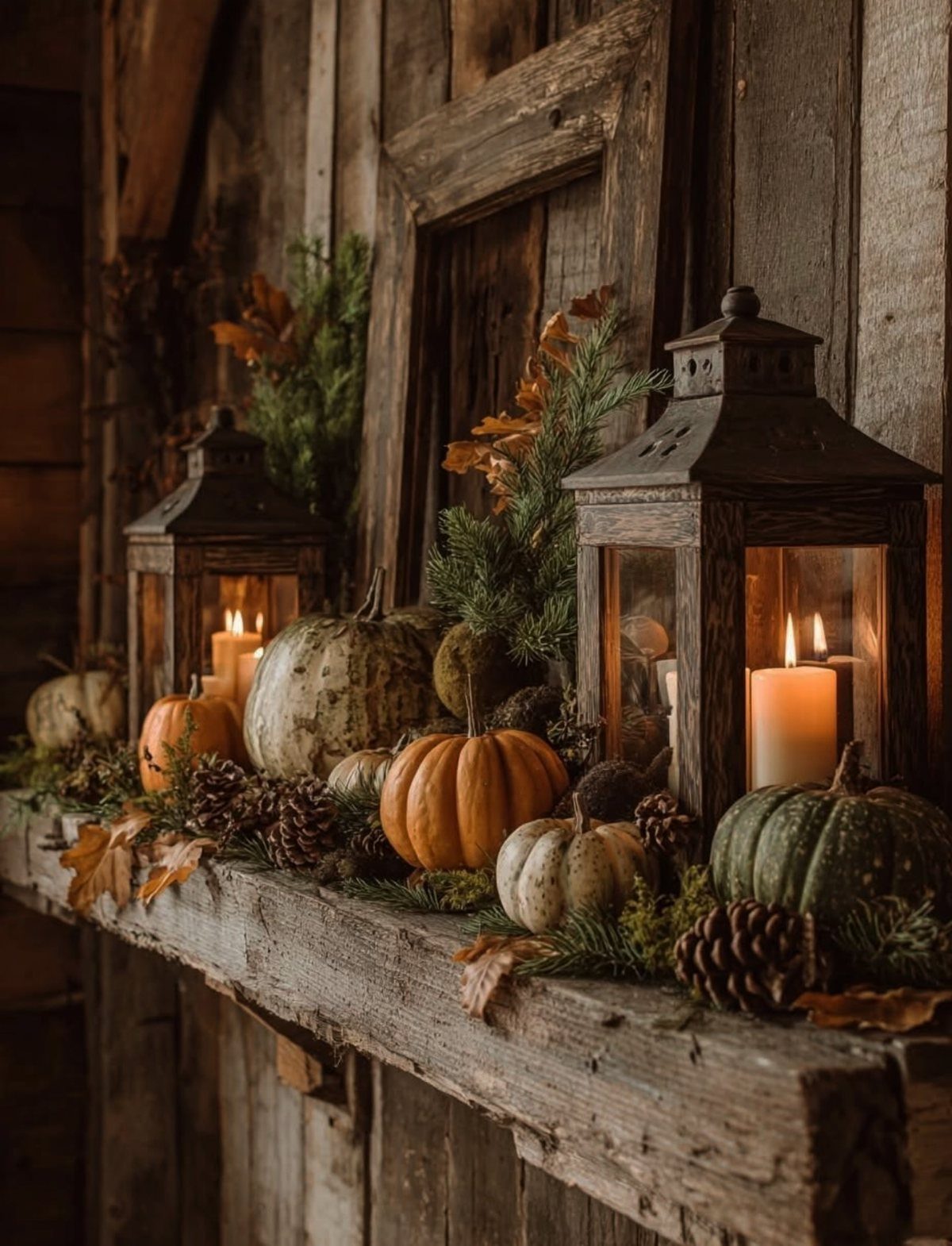 16 Fall Fireplace Mantel Decor Ideas with Photos 11 Rustic wooden mantel decorated with various pumpkins, pinecones, and lit lanterns for autumn.