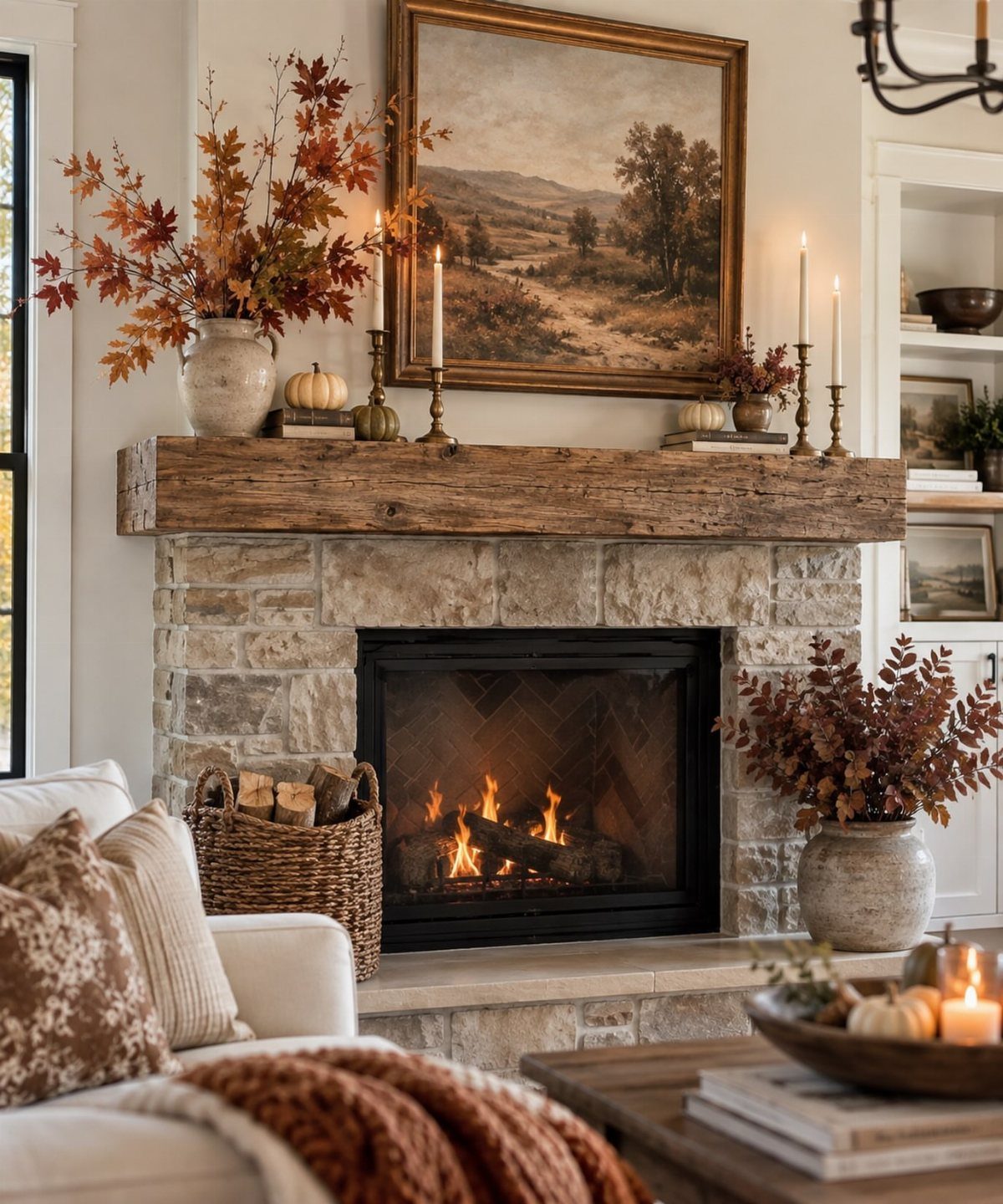 16 Fall Fireplace Mantel Decor Ideas with Photos 1 Stone fireplace with rustic wood mantel decorated with autumn leaves and candles