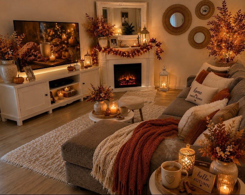 16 Fall Fireplace Mantel Decor Ideas with Photos 6 Cozy living room with warm lighting, autumn mantel decor, and orange blankets on sofa.