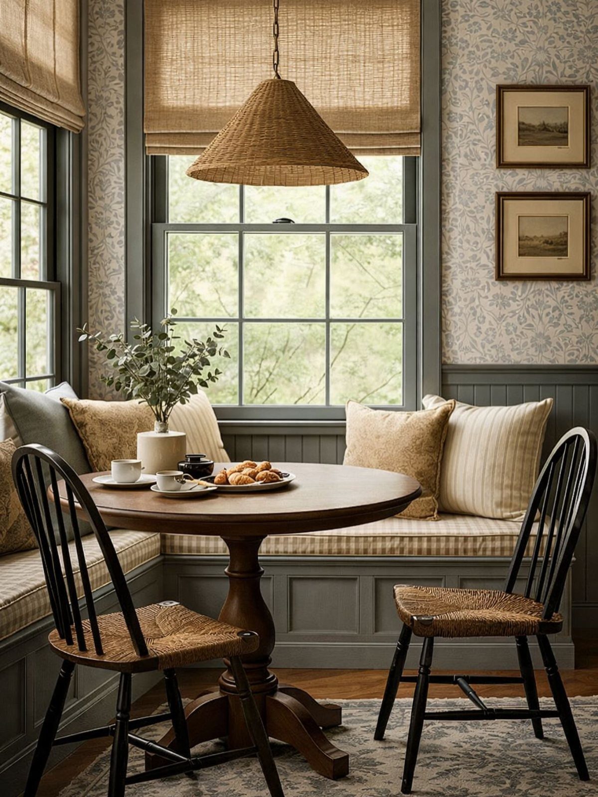 9 Farmhouse Style Dining Room Ideas with Photos 7 Farmhouse dining nook with round wooden table, woven pendant light, and built-in banquette seating.
