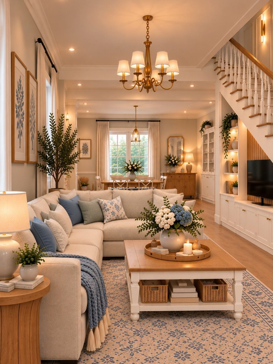 9 Farmhouse Style Dining Room Ideas with Photos 5 Bright open-concept living room and dining area with neutral tones and wooden furniture.