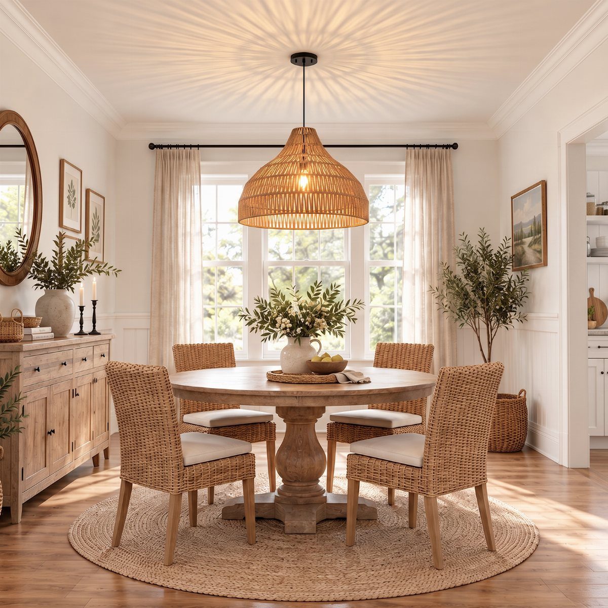 9 Farmhouse Style Dining Room Ideas with Photos 3 Woven bell-shaped pendant light hanging over a round wooden dining table and wicker chairs.