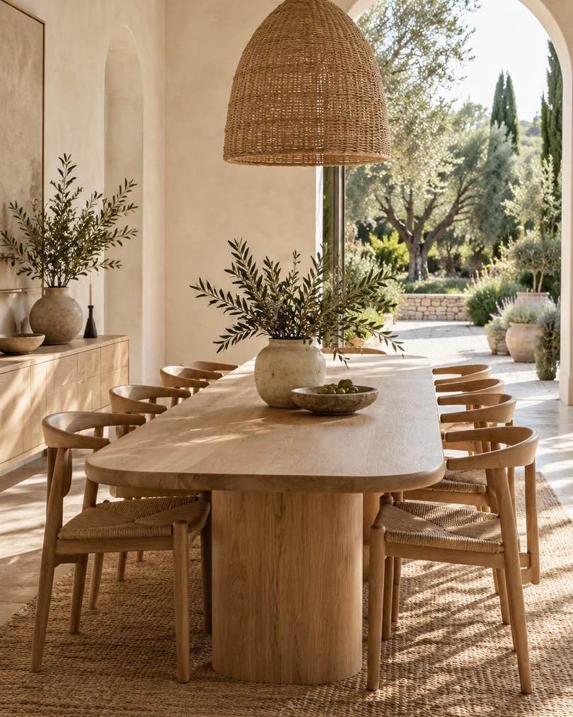 8 Feng Shui Dining Room Ideas for Balance and Flow 5 Light wood dining table and chairs under a wicker lamp in a sunny room.