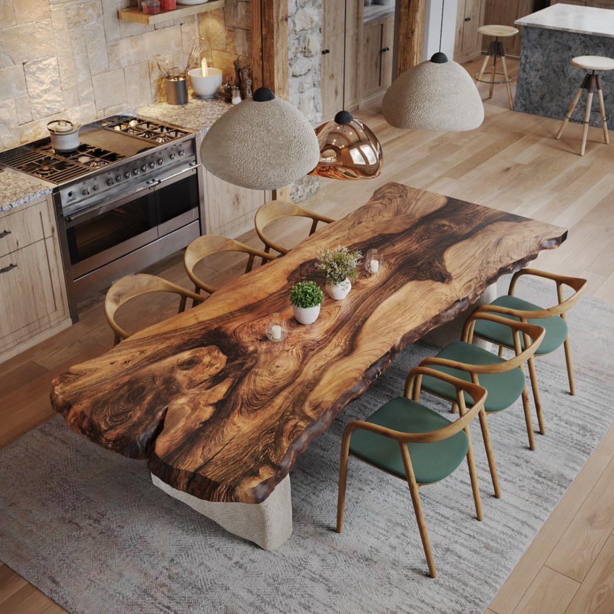 8 Feng Shui Dining Room Ideas for Balance and Flow 1 Live-edge solid wood dining table with green cushioned chairs in a modern kitchen.