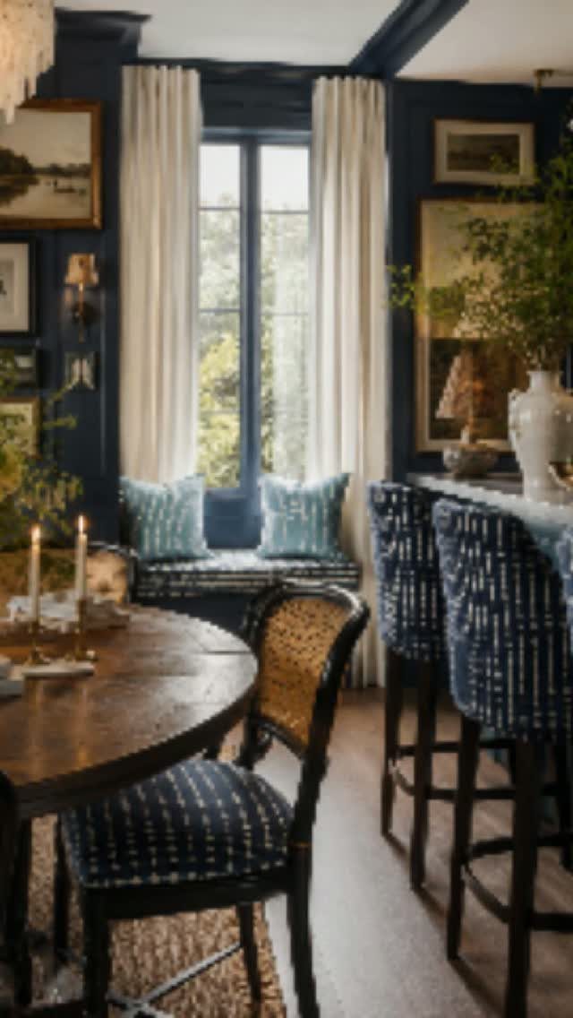 13 Formal Dining Room Ideas for an Elegant Space 11 Dining room with navy walls, round wooden table, and framed art on walls.