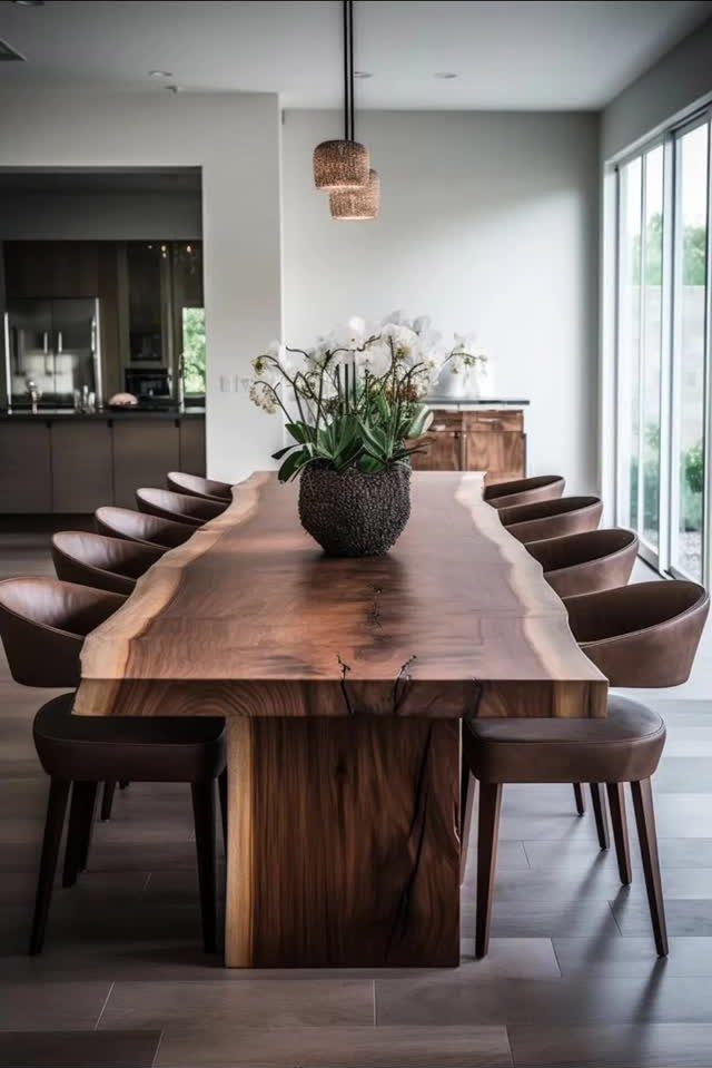13 Formal Dining Room Ideas for an Elegant Space 3 Live-edge wooden dining table with brown leather chairs and white floral centerpiece.