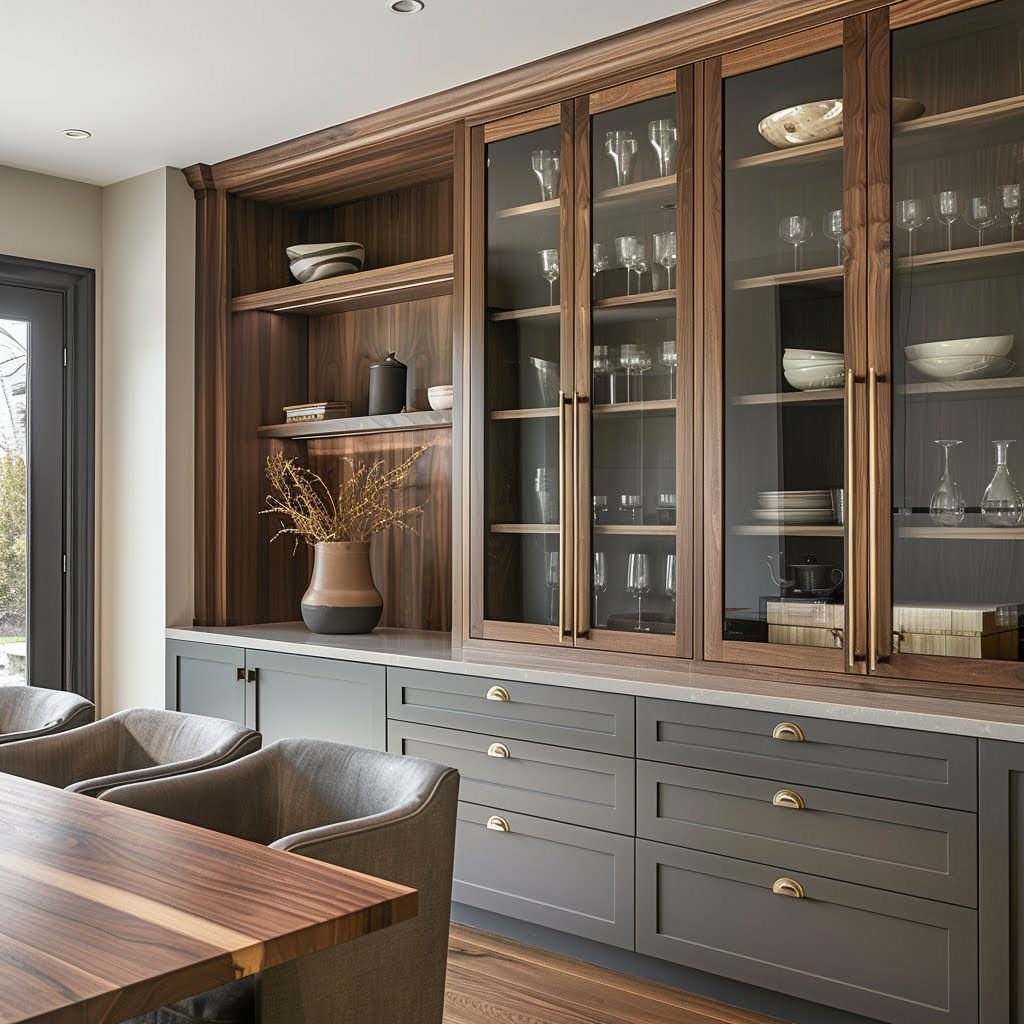 13 Formal Dining Room Ideas for an Elegant Space 12 Built-in wooden cabinetry with open shelving, glass cabinets, and grey drawers in a dining room.