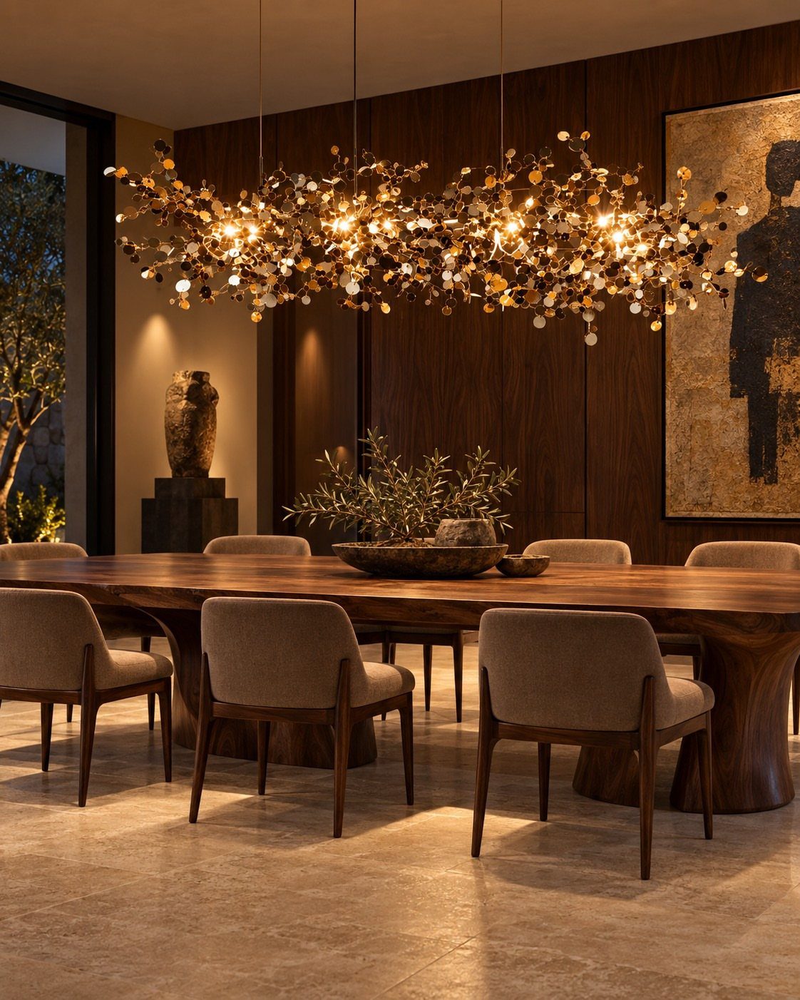 13 Formal Dining Room Ideas for an Elegant Space 4 Sculptural gold branch chandelier hanging over a large wooden dining table and grey chairs.