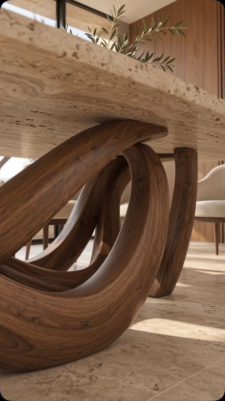 6 Formal Dining Table Decor Ideas for an Elegant Setting 6 Sculptural dark wood table base supporting a light stone dining tabletop.