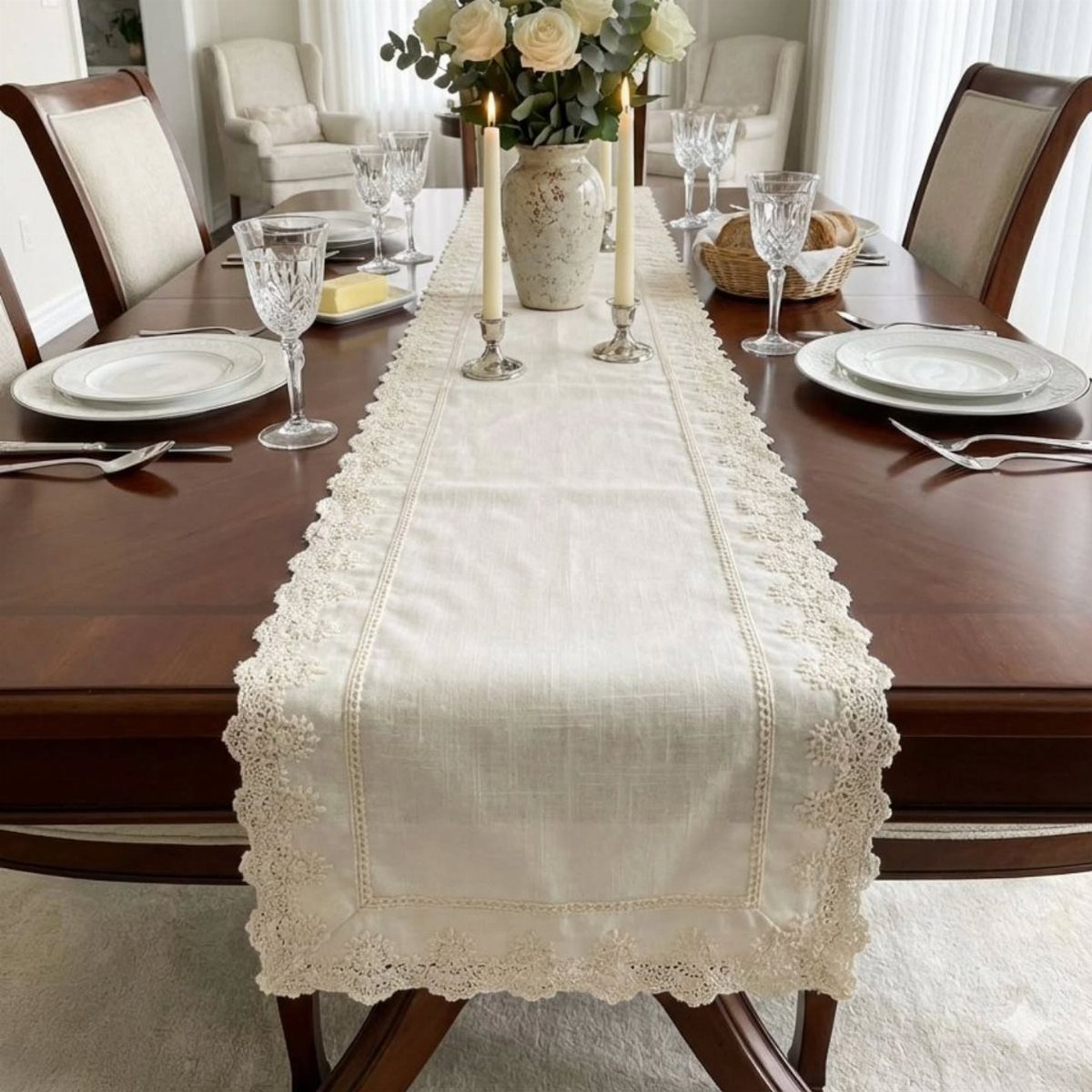 6 Formal Dining Table Decor Ideas for an Elegant Setting 1 Cream lace table runner on a dark wood dining table with formal place settings.