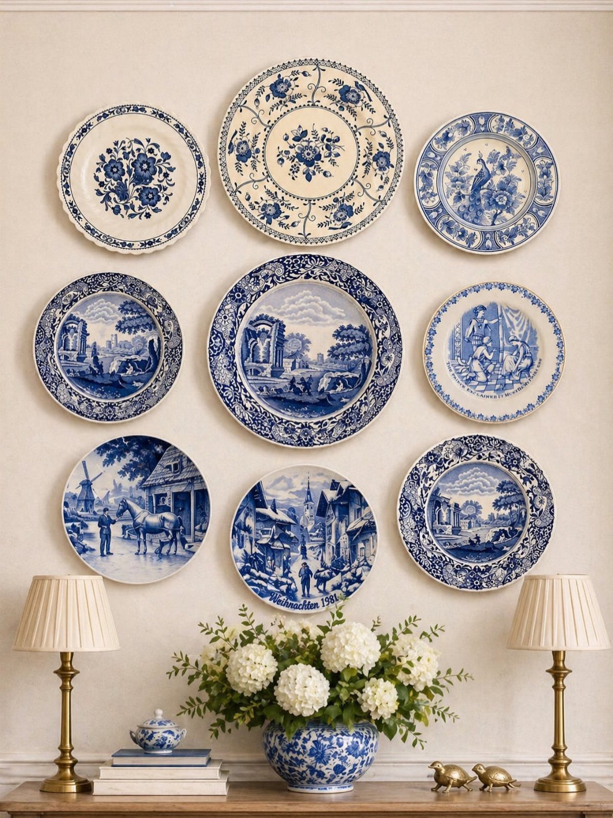 22 French Country Dining Room Ideas with Rustic Charm 15 Blue and white ceramic plates mounted on a wall above white hydrangeas and lamps.